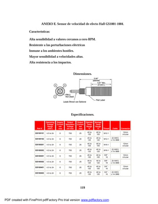 119
ANEXO E. Sensor de velocidad de efecto Hall GS1001-1004.
Características:
Alta sensibilidad a valores cercanos a cero RPM.
Resistente a las perturbaciones eléctricas
Inmune a los ambientes hostiles.
Mayor sensibilidad a velocidades altas.
Alta resistencia a los impactos.
Dimensiones.
Especificaciones.
Part #
Operating
Voltage
Range
(VDC)
Supply
Current
mA
max
Output
Saturation
Voltage
mV max
Output
Current
mA
max
Operate
Temp
Range
°C
Storage
Temp
Range
°C Thread Cable Connector
GS100101 4.5 to 24 6 700 25
-40 to
105
-40 to
105
M12-1
12mm
circular
GS100102 4.5 to 24 6 700 25
-40 to
125
-40 to
125
M12-1
22 AWG
x 1m BBB
GS100201 4.5 to 24 6 700 25
-40 to
105
-40 to
105
M18-1
12mm
circular
GS100202 4.5 to 24 6 700 25
-40 to
125
-40 to
125
M18-1
22 AWG
x 1m BBB
GS100301 4.5 to 24 6 700 25
-40 to
105
-40 to
105
5/8" -
18
12mm
circular
GS100302 4.5 to 24 6 700 25
-40 to
125
-40 to
125
5/8" -
18
20 AWG
x 1m BBB
GS100401 4.5 to 24 6 700 25
-40 to
105
-40 to
105
3/4" -
16
12mm
circular
GS100402 4.5 to 24 6 700 25
-40 to
125
-40 to
125
3/4" -
16
22 AWG
x 1m BBB
PDF created with FinePrint pdfFactory Pro trial version www.pdffactory.com
 