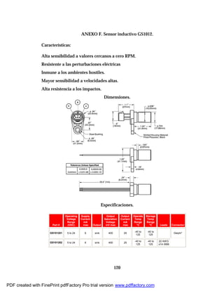 120
ANEXO F. Sensor inductivo GS1012.
Características:
Alta sensibilidad a valores cercanos a cero RPM.
Resistente a las perturbaciones eléctricas
Inmune a los ambientes hostiles.
Mayor sensibilidad a velocidades altas.
Alta resistencia a los impactos.
Dimensiones.
Especificaciones.
Part #
Operating
Voltage
Range
(VDC)
Supply
Current
mA
max Output
Output
Saturation
Voltage
mV max
Output
Current
mA
max
Operate
Temp
Range
°C
Storage
Temp
Range
°C Leads Connector
GS101201 5 to 24 6 sink 400 25
-40 to
125
-40 to
125
Delphi*
GS101202 5 to 24 6 sink 400 25
-40 to
125
-40 to
125
22 AWG
x1m BBB
PDF created with FinePrint pdfFactory Pro trial version www.pdffactory.com
 