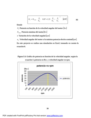 20














−∗+∗∗=
2
max 33.187.0
NNN
ee
n
n
n
n
n
n
NN [ ]KW
Donde
eN Potencia en función de la velocidad angular del motor [ ]Kw
maxeN Potencia máxima del motor[ ]Kw
n Variación de la velocidad angular[ ]rpm
Nn Velocidad angular del motor a la máxima potencia efectiva ominal[ ]rpm .
En este proyecto se realiza una simulación en Excel, tomando en cuenta la
ecuación 6.
Figura 2.4. Gráfica de potencia en función de la velocidad angular, según la
ecuación 5; potencia en Kw. y velocidad angular en rpm.
(6)
potencia vs rpm
0
10
20
30
40
50
60
100
500
900
1300
1700
2100
2500
2900
3300
rpm
potencia
potencia
[Kw.]
PDF created with FinePrint pdfFactory Pro trial version www.pdffactory.com
 