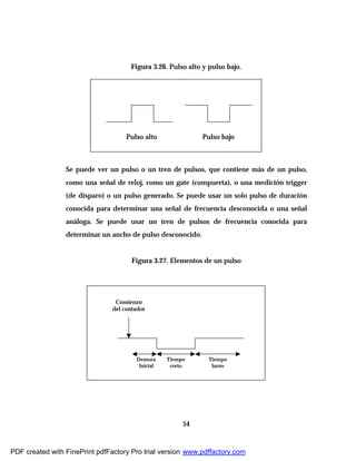 54
Figura 3.26. Pulso alto y pulso bajo.
Se puede ver un pulso o un tren de pulsos, que contiene más de un pulso,
como una señal de reloj, como un gate (compuerta), o una medición trigger
(de disparo) o un pulso generado. Se puede usar un solo pulso de duración
conocida para determinar una señal de frecuencia desconocida o una señal
análoga. Se puede usar un tren de pulsos de frecuencia conocida para
determinar un ancho de pulso desconocido.
Figura 3.27. Elementos de un pulso
Pulso alto Pulso bajo
Comienzo
del contador
Demora
Inicial
Tiempo
corto
Tiempo
largo
PDF created with FinePrint pdfFactory Pro trial version www.pdffactory.com
 