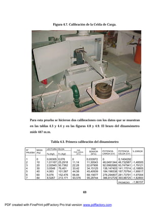 69
Figura 4.7. Calibración de la Celda de Carga.
Para esta prueba se hicieron dos calibraciones con los datos que se muestran
en las tablas 4.3 y 4.4 y en las figuras 4.8 y 4.9. El brazo del dinamómetro
mide 447 m.m.
Tabla 4.3. Primera calibración del dinamómetro
LECTURA CELDANº
PRUEBA
MASA
(Kg)
Fa (Kgf) Fc (Kgf)
PAR
POR CARGA
(N*m)
PAR
SENSOR
(N*m)
POTENCIA
CARGA (CV)
POTENCIA
CELDA (CV)
% ERROR
1 0 0,00305 0,076 0 0,033972 0 0,1404292
2 10 1,01167 25,2918 11,14 11,30543 46,0491344 46,732987 -1,48505
3 20 2,02945 50,7362 22,28 22,67908 92,0982688 93,747941 -1,79121
4 30 3,0548 76,401 33,42 34,15125 138,147403 141,17014 -2,18805
5 40 4,063 101,587 44,56 45,40939 184,196538 187,70764 -1,90617
6 60 6,076 152,476 66,84 68,15677 276,294807 281,73791 -1,97004
7 84 8,5267 213,171 93,576 95,28744 386,812729 393,88725 -1,82893
PROMEDIO -1,86157
Cable que lleva la
señal al PC
Celda de carga
Masas de
prueba
PDF created with FinePrint pdfFactory Pro trial version www.pdffactory.com
 