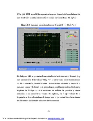 74
CV a 5500 RPM, unos 74 Kw. aproximadamente, después de hacer la iteración
con el software se obtuvo momento de inercia aproximado de 0,5 2
*mKg .
Figura 4.10 Curva de potencia del motor Renault 18 ( I= 0.5 2
*mKg )
En la figura 4.10, se presentan los resultados de la técnica con el Renault 18, y
con un momento de inercia de 0.5 2
*mKg se obtuvo una potencia máxima de
73 Kw. a 2480 RPM y donde la línea 1 es la curva de potencia, la línea 2 es la
curva de torque y la línea 3 es la potencia por pérdidas mecánicas. En la parte
superior de la figura 4.10 se muestran los valores de potencia y torque
máximos a sus respectivos valores de régimen, en el eje vertical de la
izquierda se tienen los valores de torque y en el eje vertical derecho se tienen
los valores de potencia en unidades internacionales.
1
2
3
PDF created with FinePrint pdfFactory Pro trial version www.pdffactory.com
 