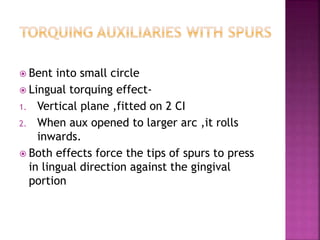  Bent into small circle
 Lingual torquing effect-
1. Vertical plane ,fitted on 2 CI
2. When aux opened to larger arc ,it rolls
inwards.
 Both effects force the tips of spurs to press
in lingual direction against the gingival
portion
 