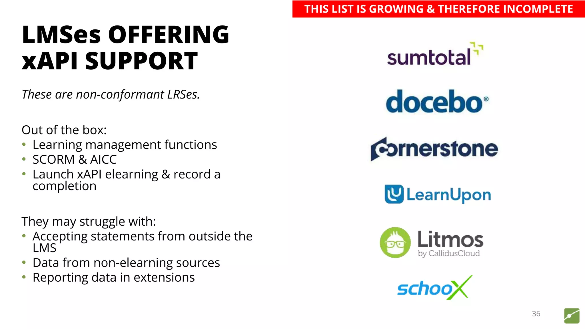 LMSes OFFERING
xAPI SUPPORT
These are non-conformant LRSes.
Out of the box:
• Learning management functions
• SCORM & AICC
• Launch xAPI elearning & record a
completion
They may struggle with:
• Accepting statements from outside the
LMS
• Data from non-elearning sources
• Reporting data in extensions
36
THIS LIST IS GROWING & THEREFORE INCOMPLETE
 