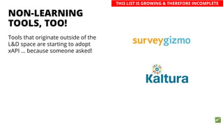 NON-LEARNING
TOOLS, TOO!
Tools that originate outside of the
L&D space are starting to adopt
xAPI … because someone asked!
THIS LIST IS GROWING & THEREFORE INCOMPLETE
 