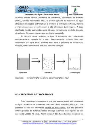 ______________________________________________________________________
Curso On-line – Tratamento de Água ( Geração de Vapor) - Prof.: Eng. Joubert
joubert_trovati@terra.com.br / http://www.tratamentodeagua.com.br/curso
25
alumínio, cloreto férrico, polímeros de acrilamida, policloretos de alumínio
(PACs), taninos modificados, etc.). O produto aglutina as impurezas da água
através de interações eletrostáticas e promove a formação de flocos, maiores
e mais densos que se sedimentam e são eliminados (vide figura). A água
clarificada é então submetida a uma filtração, normalmente em leito de areia,
através dos filtros que operam por gravidade ou pressão.
Ao término deste processo a água é submetida aos tratamentos
complementares, quando for o caso. Eventualmente, pode-se fazer uma
desinfecção da água antes, durante e/ou após o processo de clarificação/
filtração, tarefa comumente efetuada por uma cloração.
FIGURA 09: REPRESENTAÇÃO DAS ETAPAS DE CLARIFICAÇÃO DA ÁGUA
4.2 - PROCESSOS DE TROCA IÔNICA
É um tratamento complementar que visa a remoção dos íons dissolvidos
na água causadores de problemas, tais como cálcio, magnésio, sílica, etc. Este
processo faz uso das chamadas resinas de troca iônica, que são pequenas
esferas porosas de material plástico em cuja superfície estão ligados os íons
que serão usados na troca. Assim, existem dois tipos básicos de resina: as
 