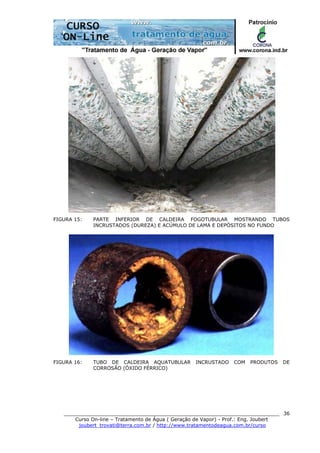 ______________________________________________________________________
Curso On-line – Tratamento de Água ( Geração de Vapor) - Prof.: Eng. Joubert
joubert_trovati@terra.com.br / http://www.tratamentodeagua.com.br/curso
36
FIGURA 15: PARTE INFERIOR DE CALDEIRA FOGOTUBULAR MOSTRANDO TUBOS
INCRUSTADOS (DUREZA) E ACÚMULO DE LAMA E DEPÓSITOS NO FUNDO
FIGURA 16: TUBO DE CALDEIRA AQUATUBULAR INCRUSTADO COM PRODUTOS DE
CORROSÃO (ÓXIDO FÉRRICO)
 