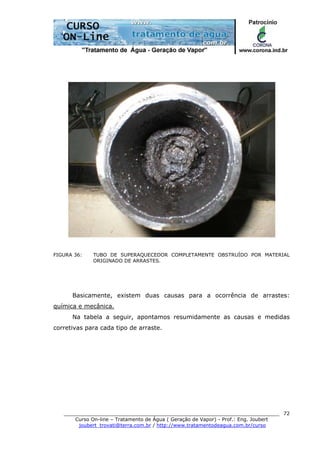 ______________________________________________________________________
Curso On-line – Tratamento de Água ( Geração de Vapor) - Prof.: Eng. Joubert
joubert_trovati@terra.com.br / http://www.tratamentodeagua.com.br/curso
72
FIGURA 36: TUBO DE SUPERAQUECEDOR COMPLETAMENTE OBSTRUÍDO POR MATERIAL
ORIGINADO DE ARRASTES.
Basicamente, existem duas causas para a ocorrência de arrastes:
química e mecânica.
Na tabela a seguir, apontamos resumidamente as causas e medidas
corretivas para cada tipo de arraste.
 