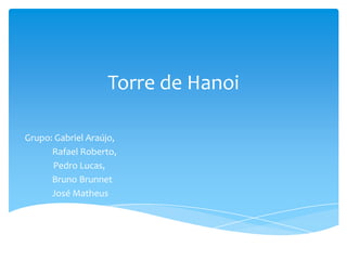 Torre de Hanoi

Grupo: Gabriel Araújo,
      Rafael Roberto,
      Pedro Lucas,
      Bruno Brunnet
      José Matheus
 