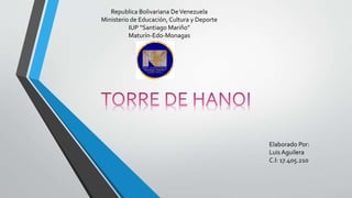 Republica Bolivariana DeVenezuela
Ministerio de Educación, Cultura y Deporte
IUP “Santiago Mariño”
Maturín-Edo-Monagas
Elaborado Por:
Luis Aguilera
C.I: 17.405.21o
 