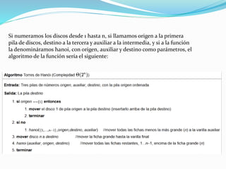Si numeramos los discos desde 1 hasta n, si llamamos origen a la primera
pila de discos, destino a la tercera y auxiliar a la intermedia, y si a la función
la denomináramos hanoi, con origen, auxiliar y destino como parámetros, el
algoritmo de la función sería el siguiente:
 