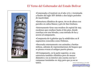 El Yerno del Gobernador del Estado Bolívar
•Comenzada a Construir en el año 1173 y terminada
a finales del siglo XIV debido a dos largos períodos
de inactividad.

•Estructura cilíndrica de aprox. 60 m de altura con
paredes en caliza blanca y gris de San Giuliano.
•Internamente tiene una escalera de espiral de 293
escalones que conduce hasta el 6to piso, donde
concluye con una bóveda y una entrada de luz y
acceso al campanario.
•Compuesta de 6 galerías que la subdividen en 8
segmentos conocidos como Órdenes.
•Decorada externamente con animales y bestias
míticas, además de representaciones de buques que
se piensa evocan al antiguo puerto pisano.
•El Campanario, en la parte superior, es una
estructura también cilíndrica pero de menor
diámetro y en su interior aún cuenta con las 7
campanas instaladas en 1655 pero que ya no se
tañen.

 