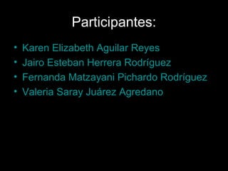 Participantes:
•   Karen Elizabeth Aguilar Reyes
•   Jairo Esteban Herrera Rodríguez
•   Fernanda Matzayani Pichardo Rodríguez
•   Valeria Saray Juárez Agredano
 