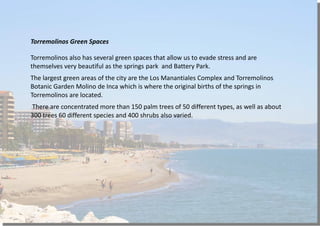 Torremolinos Green Spaces
Torremolinos also has several green spaces that allow us to evade stress and are
themselves very beautiful as the springs park and Battery Park.
The largest green areas of the city are the Los Manantiales Complex and Torremolinos
Botanic Garden Molino de Inca which is where the original births of the springs in
Torremolinos are located.
There are concentrated more than 150 palm trees of 50 different types, as well as about
300 trees 60 different species and 400 shrubs also varied.
 