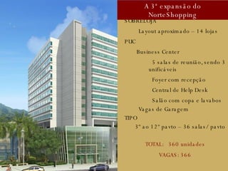 diurna SOBRELOJA Layout aproximado – 14 lojas PUC Business Center 5 salas de reunião, sendo 3  unificáveis Foyer com recepção Central de Help Desk Salão com copa e lavabos Vagas de Garagem TIPO 3º ao 12º pavto – 36 salas/ pavto TOTAL:  360 unidades VAGAS: 366 A 3ª expansão do NorteShopping 