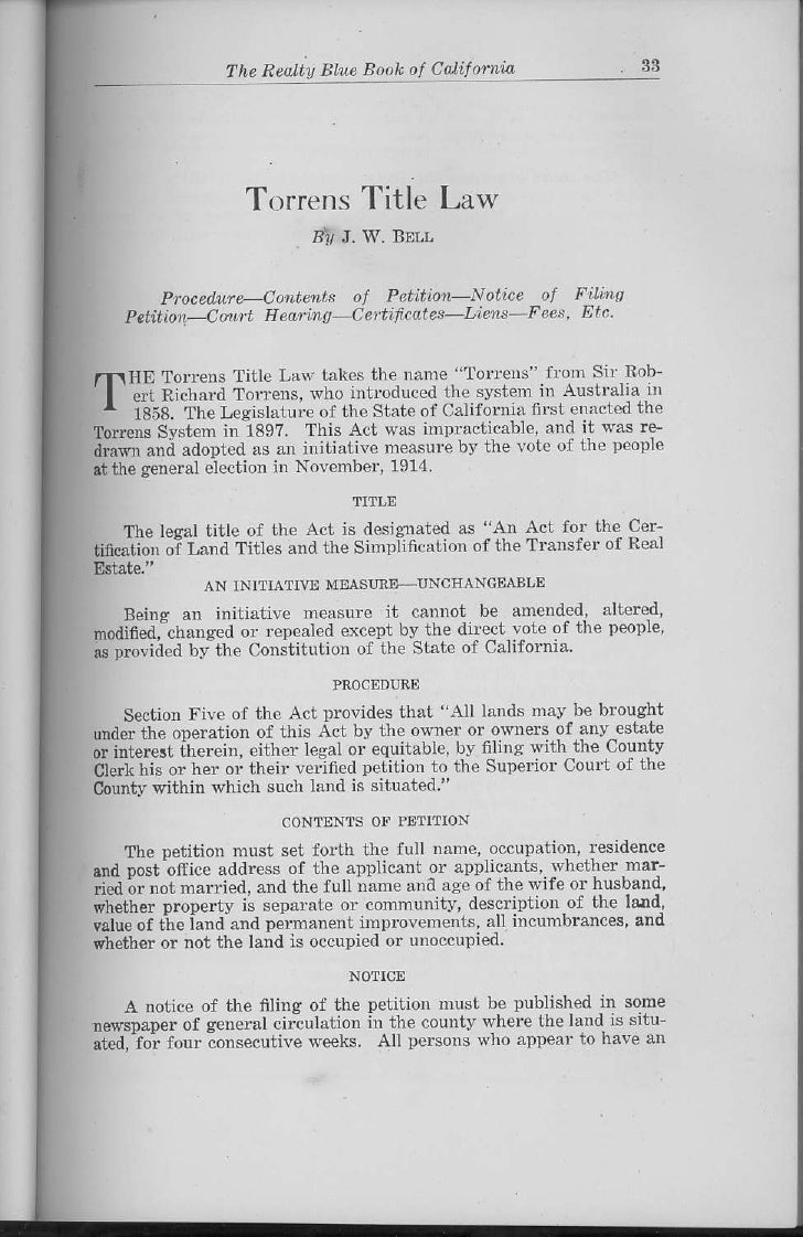 Torrens Title Law J W Bell President State Torrens Title Co Los Angel…