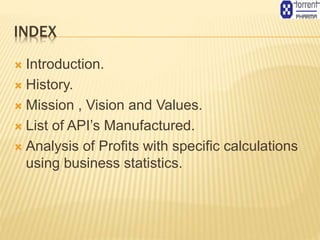 INDEX
 Introduction.
 History.
 Mission , Vision and Values.
 List of API’s Manufactured.
 Analysis of Profits with s...