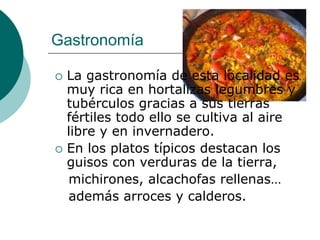 Gastronomía

   La gastronomía de esta localidad es
    muy rica en hortalizas legumbres y
    tubérculos gracias a sus tierras
    fértiles todo ello se cultiva al aire
    libre y en invernadero.
   En los platos típicos destacan los
    guisos con verduras de la tierra,
    michirones, alcachofas rellenas…
    además arroces y calderos.
 