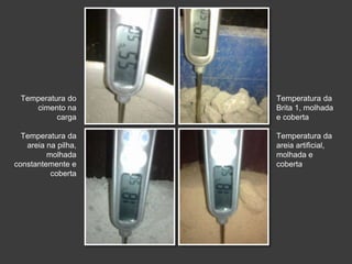 Temperatura do
cimento na
carga
Temperatura da
Brita 1, molhada
e coberta
Temperatura da
areia na pilha,
molhada
constantemente e
coberta
Temperatura da
areia artificial,
molhada e
coberta
 