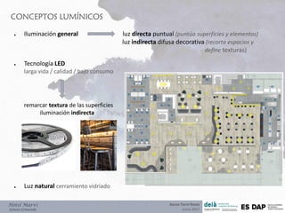 CONCEPTOS LUMÍNICOS
Hotel Marví
ZONAS COMUNES
● Iluminación general luz directa puntual (puntúa superficies y elementos)
luz indirecta difusa decorativa (recorta espacios y
define texturas)
● Tecnología LED
larga vida / calidad / bajo consumo
remarcar textura de las superficies
iluminación indirecta
● Luz natural cerramiento vidriado
Aurea Torre Rozas
Junio 2017
 