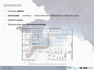 DISTRIBUCIÓN
Hotel Marví
ZONAS COMUNES
● Concepto abierto
● Continuidad suelo y falso techo enlazando las diferentes zonas
● Mobiliario curvo
● Todo gira entorno al cerramiento vidriado
Aurea Torre Rozas
Junio 2017
 
