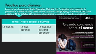Tema: Acoso escolar o bullying
Lo que sé Lo que
aprendí
Lo que me
gustaría
aprender
Escucha en el programa Radio Educativo 1060 AM, las 9 cápsulas para fomentar la
prevención, identificación y atención del acoso escolar (Bullying transmitidas del 22 de)
agosto al 30 de octubre 2016 durante el programa y elabora un cuadro comparativo.
Práctica para alumnos:
 