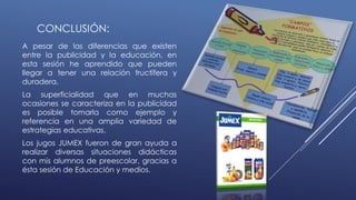 CONCLUSIÓN:
A pesar de las diferencias que existen
entre la publicidad y la educación, en
esta sesión he aprendido que pueden
llegar a tener una relación fructífera y
duradera.
La superficialidad que en muchas
ocasiones se caracteriza en la publicidad
es posible tomarla como ejemplo y
referencia en una amplia variedad de
estrategias educativas.
Los jugos JUMEX fueron de gran ayuda a
realizar diversas situaciones didácticas
con mis alumnos de preescolar, gracias a
ésta sesión de Educación y medios.
 