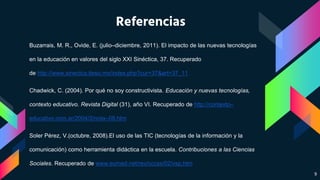 Referencias
9
Buzarrais, M. R., Ovide, E. (julio–diciembre, 2011). El impacto de las nuevas tecnologías
en la educación en valores del siglo XXI Sinéctica, 37. Recuperado
de http://www.sinectca.iteso.mx/index.php?cur=37&art=37_11
Chadwick, C. (2004). Por qué no soy constructivista. Educación y nuevas tecnologías,
contexto educativo. Revista Digital (31), año VI. Recuperado de http://contexto–
educativo.com.ar/2004/2/nota–08.htm
Soler Pérez, V.(octubre, 2008).El uso de las TIC (tecnologías de la información y la
comunicación) como herramienta didáctica en la escuela. Contribuciones a las Ciencias
Sociales. Recuperado de www.eumed.net/rev/cccss/02/vsp.htm
 