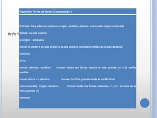 Algoritmo Torres de Hanói (Complejidad )
Entrada: Tres pilas de números origen, auxiliar, destino, con la pila origen ordenada
Salida: La pila destino
si origen entonces
mover el disco 1 de pila origen a la pila destino (insertarlo arriba de la pila destino)
terminar
si no
hanoi( ,destino, auxiliar) //mover todas las fichas menos la más grande (n) a la varilla
auxiliar
mover disco n a destino //mover la ficha grande hasta la varilla final
hanoi (auxiliar, origen, destino) //mover todas las fichas restantes, 1...n–1, encima de la
ficha grande (n)
terminar
 