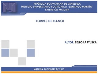 REPÚBLICA BOLIVARIANA DE VENEZUELA
INSTITUTO UNIVERSITARIO POLITÉCNICO “SANTIAGO MARIÑO”
EXTENSIÓN MATURÍN

AUTOR: BELLO LARYUSKA

MATURÍN, DICIEMBRE DE 2013

 