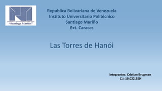 Republica Bolivariana de Venezuela
Instituto Universitario Politécnico
Santiago Mariño
Ext. Caracas
Las Torres de Hanói
Integrantes: Cristian Brugman
C.I: 19.022.559
 