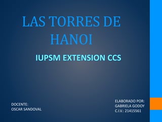 LAS TORRES DE
HANOI
ELABORADO POR:
GABRIELA GODOY
C.I.V.: 21415561
DOCENTE:
OSCAR SANDOVAL
 