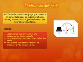  Las piezas se mueven de una en una,
empezando por la más pequeña.
 No se puede poner una pieza mayor sobre una
menor.
 Solo puedes desplazar el disco que se
encuentre arriba en cada varilla.
La Torre de Hanoi es un juego que consiste
en mover las piezas de la primera base a
las siguientes con el objetivo de construir
nuevamente una torre.
Reglas:
 