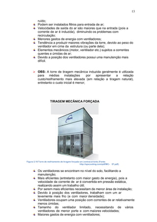 13
ruído;
Podem ser instalados filtros para entrada de ar;
Velocidades de saída do ar são maiores que na entrada (pois a
corrente de ar é induzida), diminuindo os problemas com
recirculação;
Menores gastos de energia com ventiladores;
Tendência a produzir maiores vibrações da torre, devido ao peso do
ventilador em cima da estrutura (ou parte dela);
Elementos mecânicos (motor, ventilador etc.) sujeitos a correntes
quentes e úmidas de ar;
Devido a posição dos ventiladores possui uma manutenção mais
difícil.
 OBS: A torre de tiragem mecânica induzida geralmente é utilizada
para médias instalações por apresentar a relação
custo/resfriamento mais elevada (em relação a tiragem natural),
entretanto o custo inicial é menor;
TIRAGEM MECÂNICA FORÇADA
Figura 2.18 Torre de resfriamento de tiragem forçada em contracorrente (Fonte:
http://spxcooling.com/pdf/MC- 07.pdf).
Os ventiladores se encontram no nível do solo, facilitando a
manutenção;
Mais eficientes (entretanto com maior gasto de energia), pois a
velocidade da corrente de ar é convertida em pressão estática,
realizando assim um trabalho útil;
Por serem mais eficientes necessitam de menor área de instalação;
Devido à posição dos ventiladores, trabalham com um ar
levemente mais frio (e com maior densidade);
Ventiladores ocupam uma posição com correntes de ar relativamente
menos úmidas;
Tamanho do ventilador limitado, necessitando de vários
ventiladores de menor porte e com maiores velocidades;
Maiores gastos de energia com ventiladores;
 