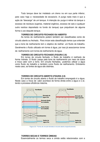 6
Todo tanque deve ter instalado um dreno na em sua parte inferior,
para caso haja a necessidade de esvazia-lo. A purga nada mais é que a
ação de “descarga” de um tanque. A intenção da purga é retirar do tanque o
excesso de resíduos (sujeiras, material orgânico, excesso de sais e qualquer
outro resíduo depositado no fundo do tanque) que prejudicam de alguma
forma o uso daquele tanque.
TORRES DE CIRCUITO FECHADO OU ABERTO
As torres de resfriamento podem também ser classificadas como de
circuito aberto ou fechado. Para iniciar esta classificação temos que entender
que a torre de resfriamento tem o objetivo de resfriar um fluido de trabalho.
Geralmente o fluido utilizado em torres é água, por isso já associamos torres
de resfriamento com torres de resfriamento de água.
TORRES DE CIRCUITO FECHADO (FIGURA 2.8)
Em torres de circuito fechado, o fluido de trabalho é resfriado de
forma indireta. O fluido passa pela torre de resfriamento por meio de dutos
e troca calor com a torre. Em circuito fechados, podemos utilizar a água
como fluido de trabalho e também como fluido de resfriamento. Entretanto
neste caso, as fontes de água são distintas.
TORRES DE CIRCUITO ABERTO (FIGURA 2.8)
Em torres de circuito aberto o fluido de trabalho empregado é a água.
Neste caso a troca de calor acontece de forma direta entre a água e o ar,
tendo o processo eficiência máxima.
Figura 2.8 - Torres de circuito fechado e circuito aberto respectivamente.
TORRES SECAS E TORRES ÚMIDAS
Essencialmente os termos seca e úmida estão relacionados com a
 