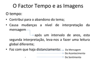 O Factor Tempo e as Imagens O tempo: Contribui para o abandono do tema; Causa mudanças a nível de interpretação da mensagem após um intervalo de anos, esta segunda interpretação, leva-nos a fazer uma leitura global diferente; Faz com que haja distanciamento:  Da Mensagem      Do Acontecimento   Do Sentimento Do acontecimento, da mensagem e so sentimento 