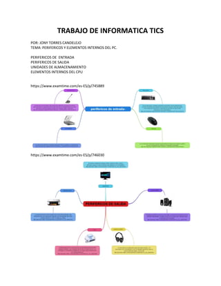 TRABAJO DE INFORMATICA TICS
POR: JONY TORRES CANDELEJO
TEMA: PERIFERICOS Y ELEMENTOS INTERNOS DEL PC.
PERIFERICOS DE ENTRADA
PERIFERICOS DE SALIDA
UNIDADES DE ALMACENAMIENTO
ELEMENTOS INTERNOS DEL CPU
https://www.examtime.com/es-ES/p/745889
https://www.examtime.com/es-ES/p/746030
 