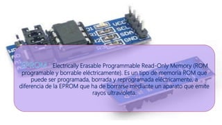 Electrically Erasable Programmable Read-Only Memory (ROM
programable y borrable eléctricamente). Es un tipo de memoria ROM que
puede ser programada, borrada y reprogramada eléctricamente, a
diferencia de la EPROM que ha de borrarse mediante un aparato que emite
rayos ultravioleta.
 