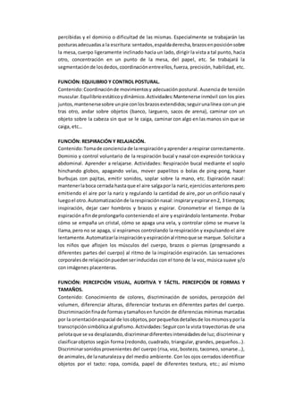 percibidas y el dominio o dificultad de las mismas. Especialmente se trabajarán las
posturasadecuadasa la escritura:sentados,espaldaderecha,brazosenposiciónsobre
la mesa, cuerpo ligeramente inclinado hacia un lado, dirigir la vista a tal punto, hacia
otro, concentración en un punto de la mesa, del papel, etc. Se trabajará la
segmentaciónde losdedos,coordinaciónentreellos,fuerza, precisión, habilidad, etc.
FUNCIÓN: EQUILIBRIO Y CONTROL POSTURAL.
Contenido:Coordinaciónde movimientosy adecuación postural. Ausencia de tensión
muscular.Equilibrioestáticoydinámico.Actividades:Mantenerse inmóvil con los pies
juntos,mantenersesobre unpie conlosbrazosextendidos;seguirunalínea conun pie
tras otro, andar sobre objetos (banco, larguero, sacos de arena), caminar con un
objeto sobre la cabeza sin que se le caiga, caminar con algo en las manos sin que se
caiga, etc…
FUNCIÓN: RESPIRACIÓN Y RELAJACIÓN.
Contenido:Tomade conciencia de larespiraciónyaprender a respirar correctamente.
Dominio y control voluntario de la respiración bucal y nasal con expresión torácica y
abdominal. Aprender a relajarse. Actividades: Respiración bucal mediante el soplo
hinchando globos, apagando velas, mover papelitos o bolas de ping-pong, hacer
burbujas con pajitas, emitir sonidos, soplar sobre la mano, etc. Espiración nasal:
mantenerlaboca cerrada hastaque el aire salgapor la nariz,ejerciciosanteriorespero
emitiendo el aire por la nariz y regulando la cantidad de aire, por un orificio nasal y
luegoel otro.Automatizaciónde larespiraciónnasal:inspiraryespiraren2, 3 tiempos;
inspiración, dejar caer hombros y brazos y espirar. Cronometrar el tiempo de la
espiraciónafinde prolongarlo conteniendo el aire y espirándolo lentamente. Probar
cómo se empaña un cristal, cómo se apaga una vela, y controlar cómo se mueve la
llama,pero no se apaga, si espiramos controlando la respiración y expulsando el aire
lentamente.Automatizarlainspiracióny espiraciónal ritmoque se marque. Solicitar a
los niños que aflojen los músculos del cuerpo, brazos o piernas (progresando a
diferentes partes del cuerpo) al ritmo de la inspiración espiración. Las sensaciones
corporalesde relajaciónpuedenserinducidas con el tono de la voz, música suave y/o
con imágenes placenteras.
FUNCIÓN: PERCEPCIÓN VISUAL, AUDITIVA Y TÁCTIL. PERCEPCIÓN DE FORMAS Y
TAMAÑOS.
Contenido: Conocimiento de colores, discriminación de sonidos, percepción del
volumen, diferenciar alturas, diferenciar texturas en diferentes partes del cuerpo.
Discriminaciónfinade formasytamañosen función de diferencias mínimas marcadas
por la orientaciónespacial de losobjetos,porpequeñosdetallesde losmismosyporla
transcripciónsimbólicaal grafismo.Actividades:Seguirconla vista trayectorias de una
pelotaque se va desplazando,discriminardiferentesintensidadesde luz; discriminar y
clasificarobjetos según forma (redondo, cuadrado, triangular, grandes, pequeños…).
Discriminarsonidosprovenientes del cuerpo (risa, voz, bostezo, taconeo, sonarse…),
de animales,de lanaturaleza y del medio ambiente. Con los ojos cerrados identificar
objetos por el tacto: ropa, comida, papel de diferentes textura, etc.; así mismo
 