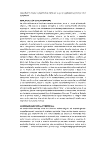 reconducir la misma hacia el lado o mano con la que el sujeto se muestre más hábil
y/o preciso.
ESTRUCTURACIÓN ESPACIO-TEMPORAL
La orientación espacial implica establecer relaciones entre el cuerpo y los demás
objetos, está asociada al espacio perceptivo e incluye esencialmente relaciones
topológicas.Laestructuracióndel espacioconllevaadquirirnociones de conservación,
distancia, reversibilidad, etc., por lo que se convierte en un proceso largo que se va
configurandodesde losplanosmássencillos (arriba, abajo, delante, atrás...) a los más
complejos (derecha-izquierda), dándose primero en la acción y pasando
posteriormente a ser representados en uno mismo, en el otro y en el espacio con los
objetos. No hay que confundir la dominancia lateral con discriminar las nociones
espacialesderecha-izquierdaensímismoo enlosotros. El conceptoderecha-izquierda
se va configurando entre los 5 y los 8 años. Generalmente los niños de 6 años tienen
adquiridos los conceptos básicos espaciales y la noción derecha-izquierda sobre sí
mismo. La discriminación de la derecha e izquierda de otro situado enfrente se
consigue apartir de los8 años y laposiciónrelativade tres objetos a los 11-12 años. El
conocimientode estosconceptosesfundamental caraa losaprendizajes escolares, ya
que el desconocimiento de los mismos se relaciona con alteraciones de la lectura
(dislexia), de la escritura (digrafía) y dispraxias. La estructuración temporal tiene 2
componentesprincipales:el ordenyladuración.El ordenpermite tomarconcienciade
la secuenciade losacontecimientosyladuraciónpermite establecerel principioyfinal
de los mismos. El ritmo sintetiza ambos elementos constituyendo la base de la
experiencia temporal. La evolución de la comprensión del orden y la duración tiene
lugarde los2 a los12 años. Los niñosde 2 a 6 años tienendificultades para establecer
seriaciones cronológicas y lógicas de los acontecimientos, pero cuando tienen de 7 a
12 años puedenrealizartareaslógicasque impliquenlaconservación, lareversibilidad
y los ordenamientos, lo que va a ayudar a que las nociones temporales se adquieran
completamente.Laíntimarelaciónentre ritmoymotricidadse pone de manifiesto en
el movimiento. Igualmente relacionados están el ritmo y la lectura al principio de su
aprendizaje,yaque éstarequiere que se transformenestructurasvisuales,distribuidas
enel espacio,enestructurasauditivas,distribuidasenel tiempo. Al escribir al dictado
se da el proceso inverso, y ambas estructuras espacio-temporales se integran en el
proceso lectoescritor. Los sujetos dispráxicos presentan grandes dificultades para
reproducir estructuras rítmicas
COORDINACIÓN DINÁMICA Y VISOMANUAL
La coordinación consiste en la utilización de forma conjunta de distintos grupos
muscularesparala ejecuciónde una tarea compleja. Esto es posible porque patrones
motores que anteriormente eran independientes se encadenan formando otros
patronesque posteriormente seránautomatizados.Una vez que se han automatizado
determinados patrones la presentación de un determinado estímulo la secuencia de
movimientos, por lo que el nivel de atención que se presta a la tarea disminuye,
pudiendo dirigirse a otros aspectos más complejos de la misma o incluso a otra
diferente. La coordinación dinámica general juega un importante papel en la mejora
 