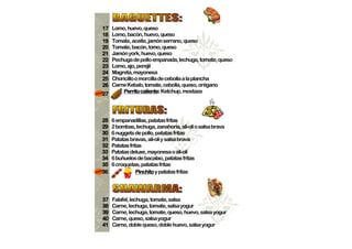 17 Lomo, huevo, queso
18 Lomo, bacón, huevo, queso
19 Tomate, aceite, jamón serrano, queso
20 Tomate, bacón, lomo, queso
21 Jamón york, huevo, queso
22 Pechuga de pollo empanada, lechuga, tomate, queso
23 Lomo, ajo, perejil
24 Magreta, mayonesa
25 Choricillo o morcilla de cebolla a la plancha
26 Carne Kebab, tomate, cebolla, queso, orégano
27     Perrito caliente: Ketchup, mostaza
                caliente:




28   6 empanadillas, patatas fritas
29   2 bombas, lechuga, zanahoria, ali-oli o salsa brava
30   6 nuggets de pollo, patatas fritas
31   Patatas bravas, ali-oli y salsa brava
32   Patatas fritas
33   Patatas deluxe, mayonesa o ali-oli
34   6 buñuelos de bacalao, patatas fritas
35   6 croquetas, patatas fritas
36               Pinchito y patatas fritas




37   Falafel, lechuga, tomate, salsa
38   Carne, lechuga, tomate, salsa yogur
39   Carne, lechuga, tomate, queso, huevo, salsa yogur
40   Carne, queso, salsa yogur
41   Carne, doble queso, doble huevo, salsa yogur
 