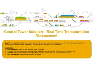 Goal: Provide logistics intelligence resources in real time, aiming to increase quality, productivity and cost savings through better
traceability automation and less dependency to manual actions and inputs during operations.
Applications:
Ø Road operations based on fleet of trucks, buses and utilities.
Ø Internal and external Operations - loading and unloading in factories, logistics sites, retailers, wholesalers, etc.
Ø Field Sales and technical assistance operations, based on vehicle fleet and / or other mobile devices.
Ø Transportation risk management required by the Insurer (cargo policy).
Transportation Control Tower for Real Time
Management
 