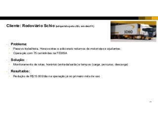 24
• Problema:
• Passivo trabalhista, Horas extras e adicionais noturnos de motoristas e ajudantes.
• Operação com 75 caminhões na FEMSA
• Solução:
• Monitoramento de rotas, horários (entrada/saída) e tempos (carga, percurso, descarga)
• Resultados:
• Redução de R$15.000/dia na operação já no primeiro mês de uso
Cliente: Rodoviário Schio (adquirido pela JSL em dez/11)
 