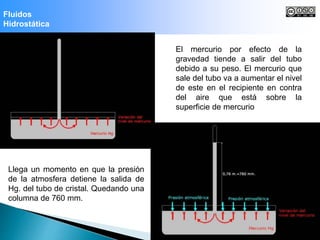 Fluidos
Hidrostática
El mercurio por efecto de la
gravedad tiende a salir del tubo
debido a su peso. El mercurio que
sale del tubo va a aumentar el nivel
de este en el recipiente en contra
del aire que está sobre la
superficie de mercurio
Llega un momento en que la presión
de la atmosfera detiene la salida de
Hg. del tubo de cristal. Quedando una
columna de 760 mm.
 