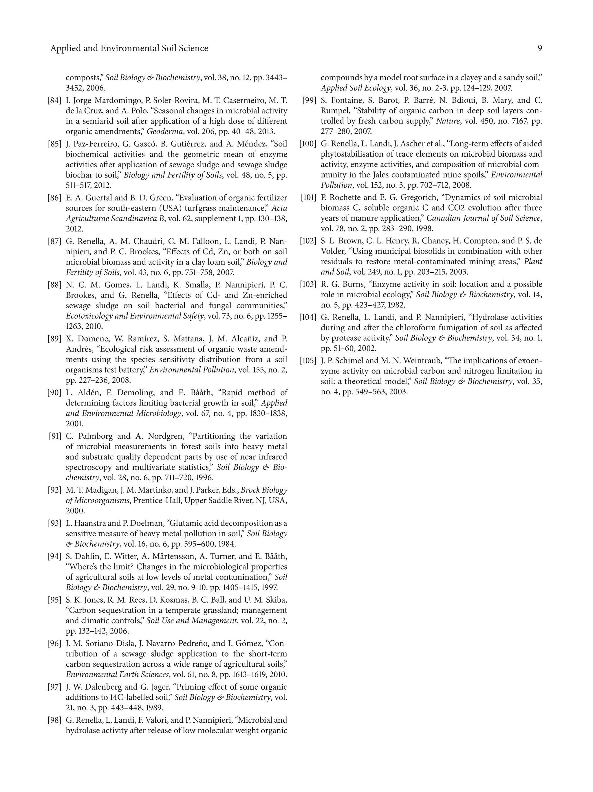 Applied and Environmental Soil Science 9
composts,” Soil Biology & Biochemistry, vol. 38, no. 12, pp. 3443–
3452, 2006.
[84] I. Jorge-Mardomingo, P. Soler-Rovira, M. T. Casermeiro, M. T.
de la Cruz, and A. Polo, “Seasonal changes in microbial activity
in a semiarid soil after application of a high dose of different
organic amendments,” Geoderma, vol. 206, pp. 40–48, 2013.
[85] J. Paz-Ferreiro, G. Gasc´o, B. Guti´errez, and A. M´endez, “Soil
biochemical activities and the geometric mean of enzyme
activities after application of sewage sludge and sewage sludge
biochar to soil,” Biology and Fertility of Soils, vol. 48, no. 5, pp.
511–517, 2012.
[86] E. A. Guertal and B. D. Green, “Evaluation of organic fertilizer
sources for south-eastern (USA) turfgrass maintenance,” Acta
Agriculturae Scandinavica B, vol. 62, supplement 1, pp. 130–138,
2012.
[87] G. Renella, A. M. Chaudri, C. M. Falloon, L. Landi, P. Nan-
nipieri, and P. C. Brookes, “Effects of Cd, Zn, or both on soil
microbial biomass and activity in a clay loam soil,” Biology and
Fertility of Soils, vol. 43, no. 6, pp. 751–758, 2007.
[88] N. C. M. Gomes, L. Landi, K. Smalla, P. Nannipieri, P. C.
Brookes, and G. Renella, “Effects of Cd- and Zn-enriched
sewage sludge on soil bacterial and fungal communities,”
Ecotoxicology and Environmental Safety, vol. 73, no. 6, pp. 1255–
1263, 2010.
[89] X. Domene, W. Ram´ırez, S. Mattana, J. M. Alca˜niz, and P.
Andr´es, “Ecological risk assessment of organic waste amend-
ments using the species sensitivity distribution from a soil
organisms test battery,” Environmental Pollution, vol. 155, no. 2,
pp. 227–236, 2008.
[90] L. Ald´en, F. Demoling, and E. B˚a˚ath, “Rapid method of
determining factors limiting bacterial growth in soil,” Applied
and Environmental Microbiology, vol. 67, no. 4, pp. 1830–1838,
2001.
[91] C. Palmborg and A. Nordgren, “Partitioning the variation
of microbial measurements in forest soils into heavy metal
and substrate quality dependent parts by use of near infrared
spectroscopy and multivariate statistics,” Soil Biology & Bio-
chemistry, vol. 28, no. 6, pp. 711–720, 1996.
[92] M. T. Madigan, J. M. Martinko, and J. Parker, Eds., Brock Biology
of Microorganisms, Prentice-Hall, Upper Saddle River, NJ, USA,
2000.
[93] L. Haanstra and P. Doelman, “Glutamic acid decomposition as a
sensitive measure of heavy metal pollution in soil,” Soil Biology
& Biochemistry, vol. 16, no. 6, pp. 595–600, 1984.
[94] S. Dahlin, E. Witter, A. M˚artensson, A. Turner, and E. B˚a˚ath,
“Where’s the limit? Changes in the microbiological properties
of agricultural soils at low levels of metal contamination,” Soil
Biology & Biochemistry, vol. 29, no. 9-10, pp. 1405–1415, 1997.
[95] S. K. Jones, R. M. Rees, D. Kosmas, B. C. Ball, and U. M. Skiba,
“Carbon sequestration in a temperate grassland; management
and climatic controls,” Soil Use and Management, vol. 22, no. 2,
pp. 132–142, 2006.
[96] J. M. Soriano-Disla, J. Navarro-Pedre˜no, and I. G´omez, “Con-
tribution of a sewage sludge application to the short-term
carbon sequestration across a wide range of agricultural soils,”
Environmental Earth Sciences, vol. 61, no. 8, pp. 1613–1619, 2010.
[97] J. W. Dalenberg and G. Jager, “Priming effect of some organic
additions to 14C-labelled soil,” Soil Biology & Biochemistry, vol.
21, no. 3, pp. 443–448, 1989.
[98] G. Renella, L. Landi, F. Valori, and P. Nannipieri, “Microbial and
hydrolase activity after release of low molecular weight organic
compounds by a model root surface in a clayey and a sandy soil,”
Applied Soil Ecology, vol. 36, no. 2-3, pp. 124–129, 2007.
[99] S. Fontaine, S. Barot, P. Barr´e, N. Bdioui, B. Mary, and C.
Rumpel, “Stability of organic carbon in deep soil layers con-
trolled by fresh carbon supply,” Nature, vol. 450, no. 7167, pp.
277–280, 2007.
[100] G. Renella, L. Landi, J. Ascher et al., “Long-term effects of aided
phytostabilisation of trace elements on microbial biomass and
activity, enzyme activities, and composition of microbial com-
munity in the Jales contaminated mine spoils,” Environmental
Pollution, vol. 152, no. 3, pp. 702–712, 2008.
[101] P. Rochette and E. G. Gregorich, “Dynamics of soil microbial
biomass C, soluble organic C and CO2 evolution after three
years of manure application,” Canadian Journal of Soil Science,
vol. 78, no. 2, pp. 283–290, 1998.
[102] S. L. Brown, C. L. Henry, R. Chaney, H. Compton, and P. S. de
Volder, “Using municipal biosolids in combination with other
residuals to restore metal-contaminated mining areas,” Plant
and Soil, vol. 249, no. 1, pp. 203–215, 2003.
[103] R. G. Burns, “Enzyme activity in soil: location and a possible
role in microbial ecology,” Soil Biology & Biochemistry, vol. 14,
no. 5, pp. 423–427, 1982.
[104] G. Renella, L. Landi, and P. Nannipieri, “Hydrolase activities
during and after the chloroform fumigation of soil as affected
by protease activity,” Soil Biology & Biochemistry, vol. 34, no. 1,
pp. 51–60, 2002.
[105] J. P. Schimel and M. N. Weintraub, “The implications of exoen-
zyme activity on microbial carbon and nitrogen limitation in
soil: a theoretical model,” Soil Biology & Biochemistry, vol. 35,
no. 4, pp. 549–563, 2003.
 