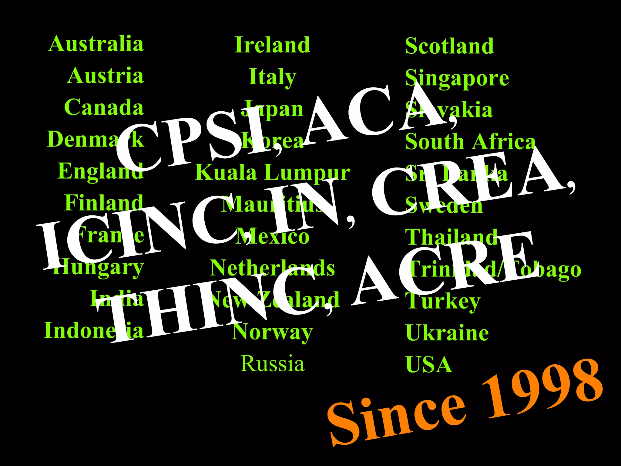 Ireland Italy Japan Korea Kuala Lumpur Mauritius Mexico Netherlands New Zealand Norway Russia Australia Austria Canada Denmark England Finland France Hungary India Indonesia Scotland Singapore Slovakia South Africa Sri Lanka Sweden Thailand Trinidad/Tobago Turkey Ukraine USA CPSI ,  ACA ,   ICINC ,  IN ,  CREA , THINC ,  ACRE Since 1998 