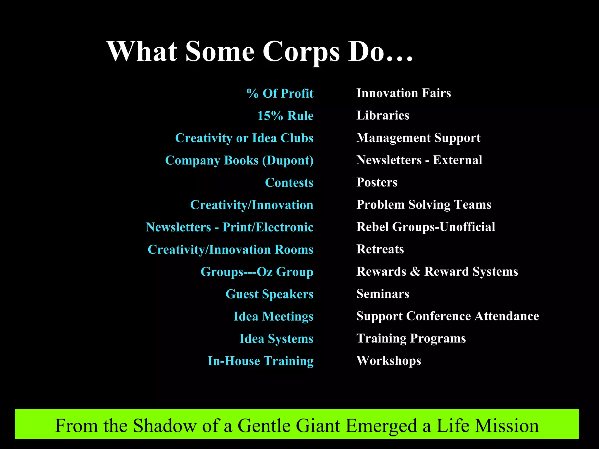 % Of Profit 15% Rule Creativity or Idea Clubs Company Books (Dupont) Contests Creativity/Innovation Newsletters - Print/Electronic Creativity/Innovation Rooms Groups---Oz Group Guest Speakers Idea Meetings Idea Systems In-House Training Innovation Fairs Libraries Management Support Newsletters - External Posters Problem Solving Teams Rebel Groups-Unofficial Retreats Rewards & Reward Systems Seminars Support Conference Attendance Training Programs Workshops What Some Corps Do… From the Shadow of a Gentle Giant Emerged a Life Mission 