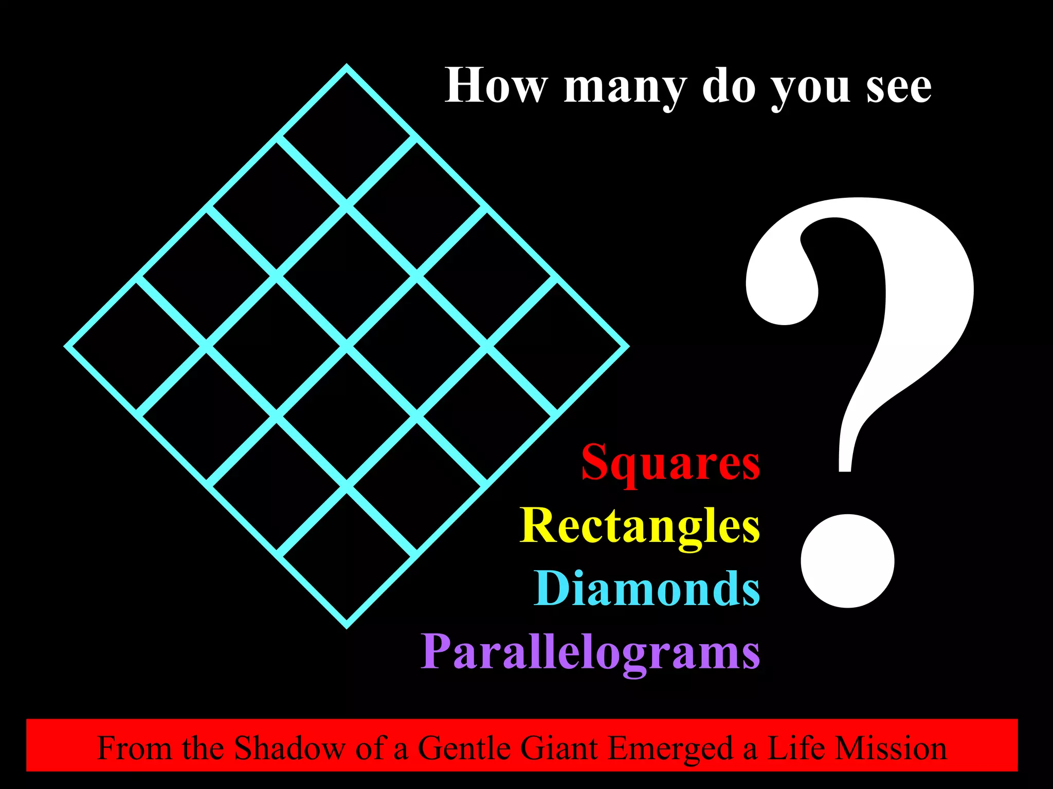 Cre 8 v W A R M  -  U P S ? From the Shadow of a Gentle Giant Emerged a Life Mission How many do you see Squares Rectangles Diamonds Parallelograms 