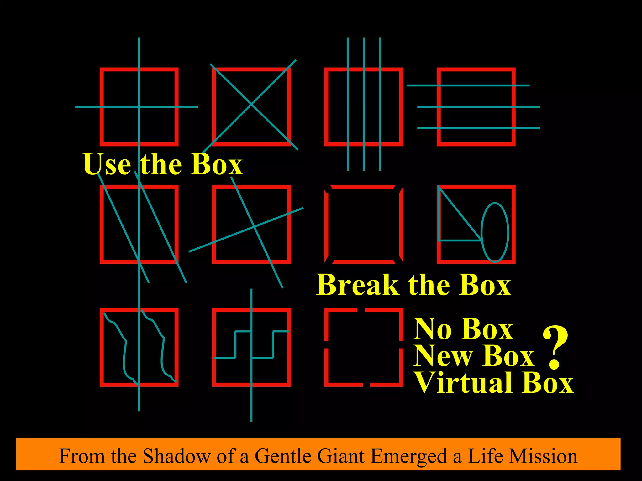 ? Break the Box Use the Box No Box New Box Virtual Box From the Shadow of a Gentle Giant Emerged a Life Mission 