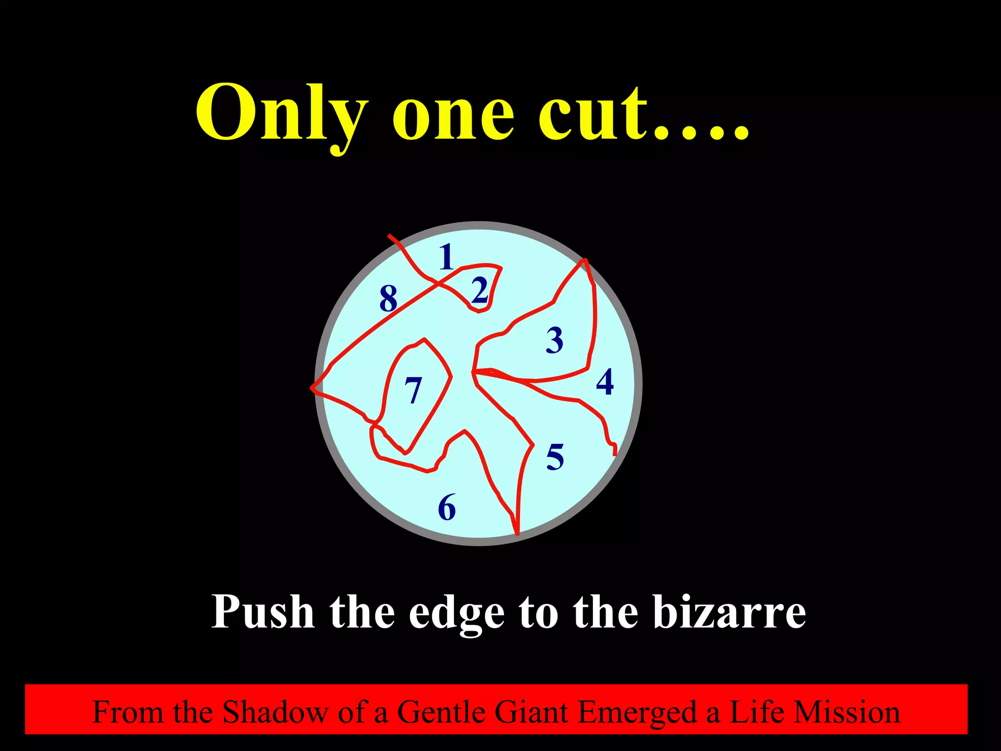 Only one cut…. 1 2 3 4 5 6 7 8 Push the edge to the bizarre From the Shadow of a Gentle Giant Emerged a Life Mission 